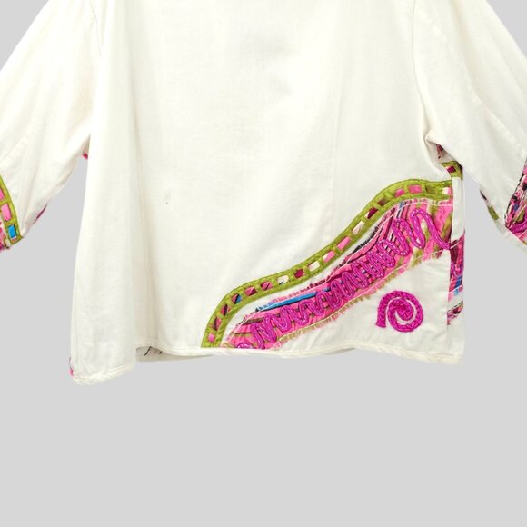 Bleu Bayou Open Front Jacket Size 1X Artsy Colorful 3/4 Sleeve Ribbon Applique - Picture 16 of 16